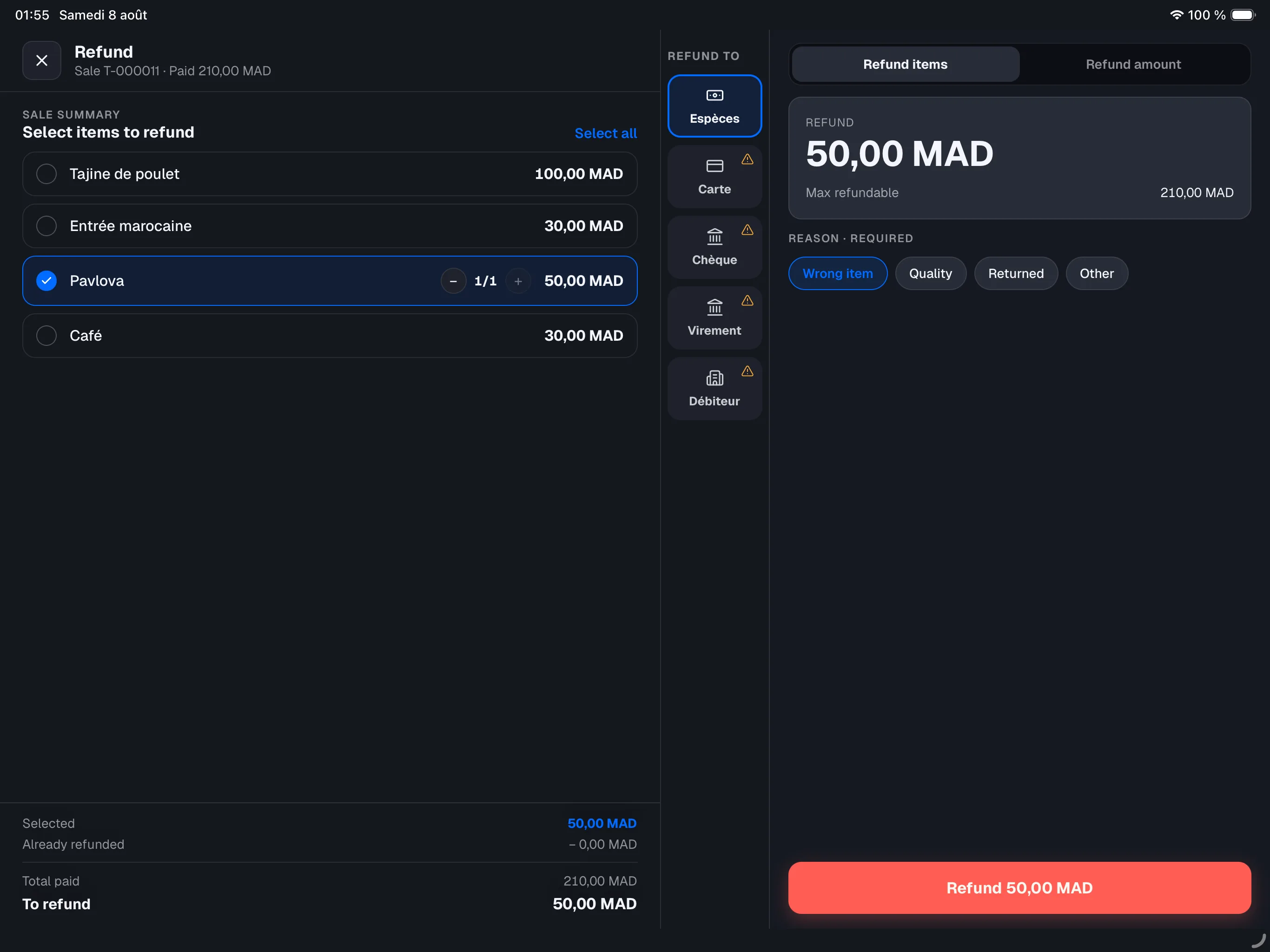 Refund screen in Refund items mode — two lines selected with the quantity counter, To refund summary at the bottom left