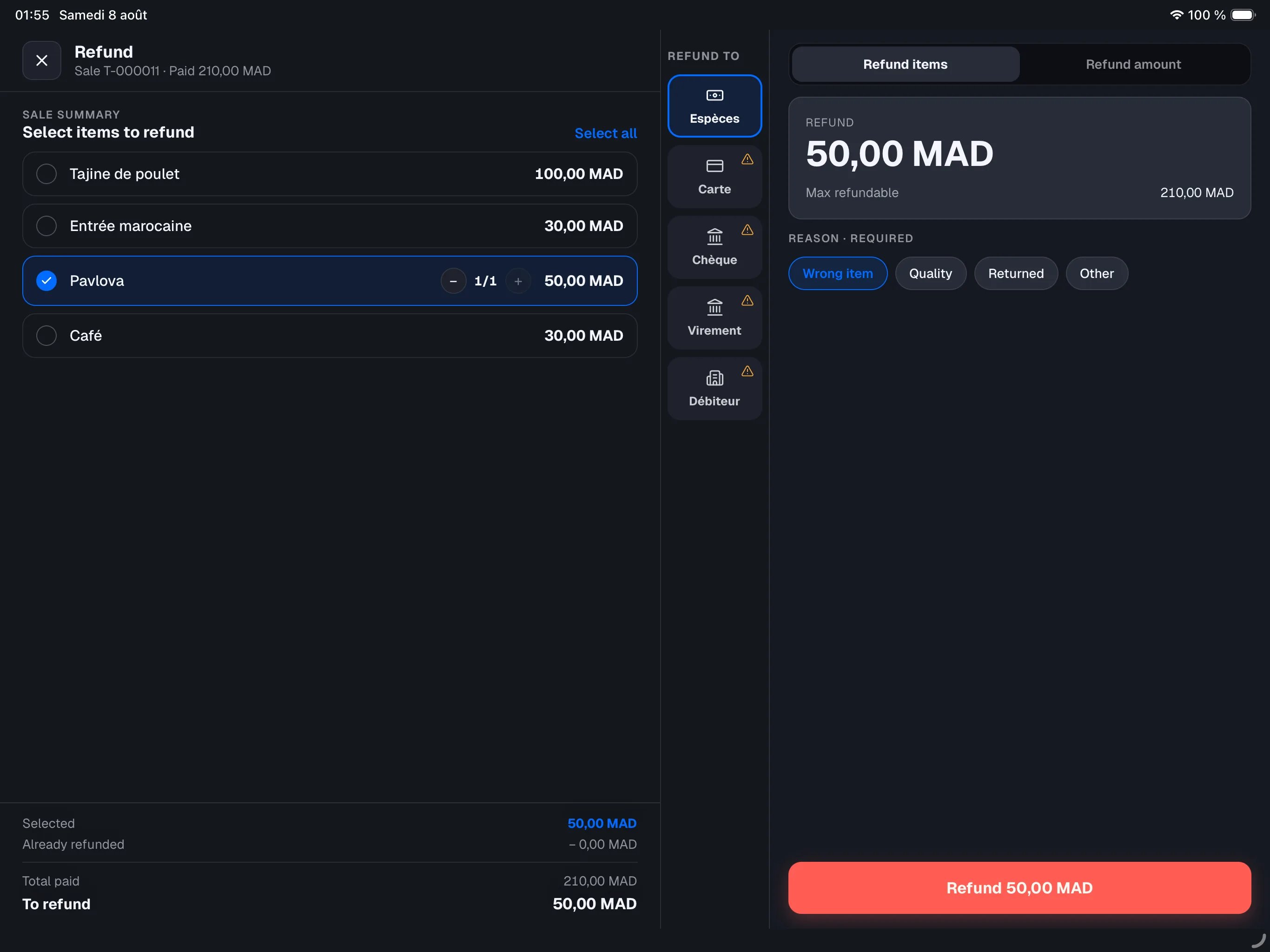 Refund screen in Refund items mode — two lines selected with the quantity counter, To refund summary at the bottom left