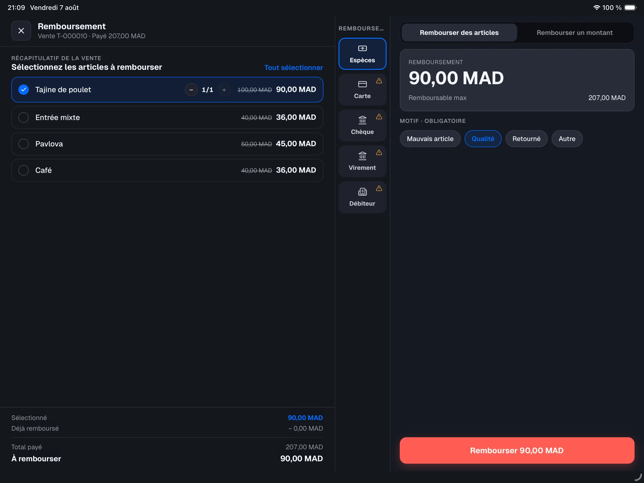 écran Refund en mode Refund items — deux lignes sélectionnées avec compteur de quantité, récapitulatif To refund en bas à gauche
