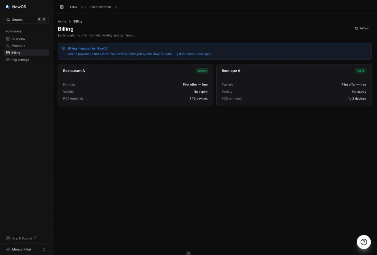 backoffice — Billing page with one card per location (plan, validity, terminals, features)