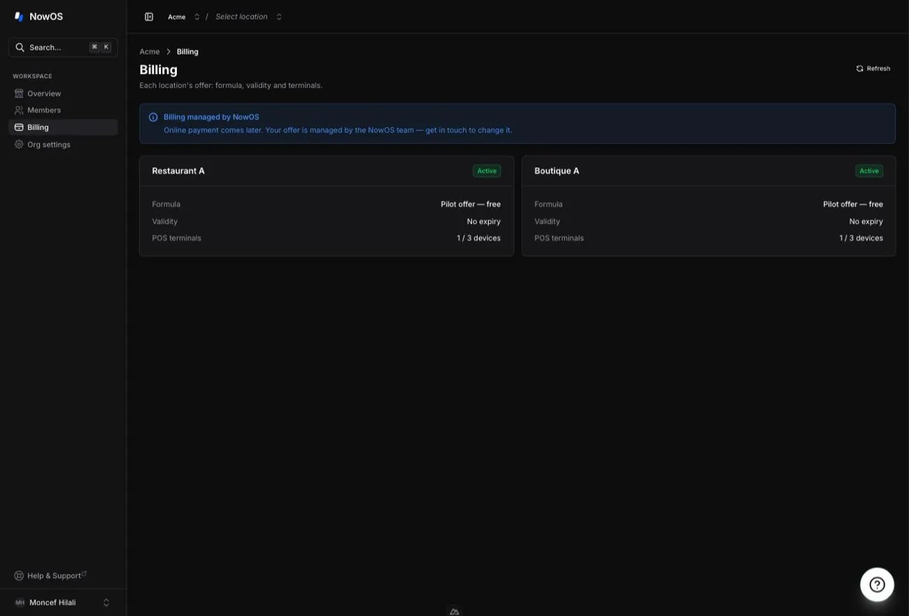 backoffice — Billing page with one card per location (plan, validity, terminals, features)