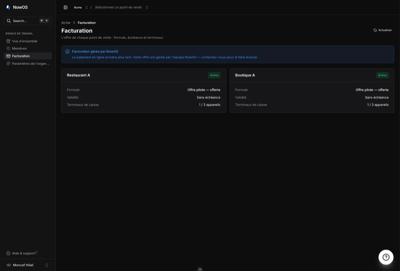 backoffice — page Facturation avec une carte par point de vente (formule, validité, terminaux, fonctionnalités)