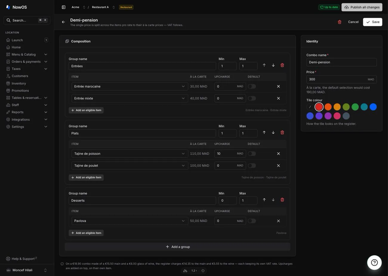the Combos page — the list on the left, the Composition card on the right with one group expanded