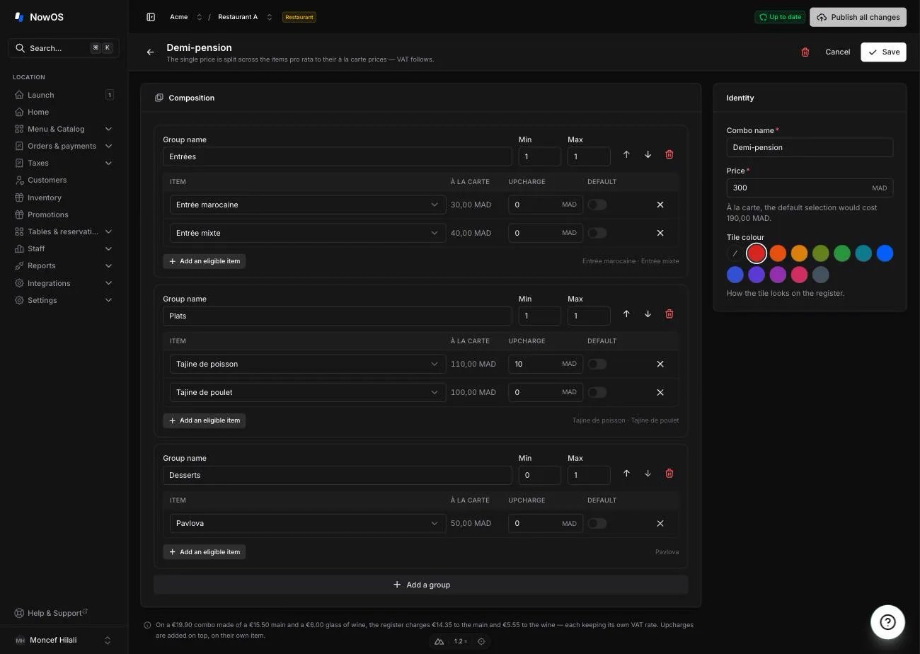 the Combos page — the list on the left, the Composition card on the right with one group expanded