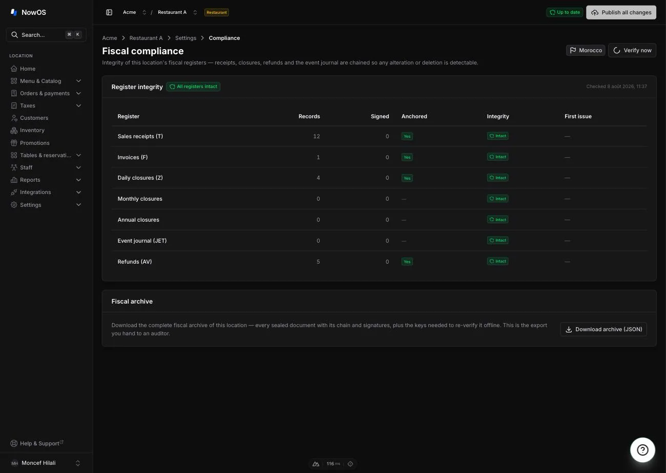 backoffice, Settings → Compliance — overview with the regime badge, the Register integrity table and the Attestation + Fiscal archive cards