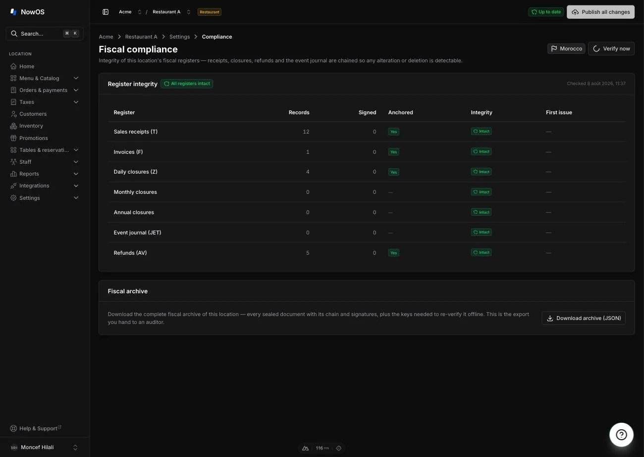 backoffice, Settings → Compliance — overview with the regime badge, the Register integrity table and the Attestation + Fiscal archive cards