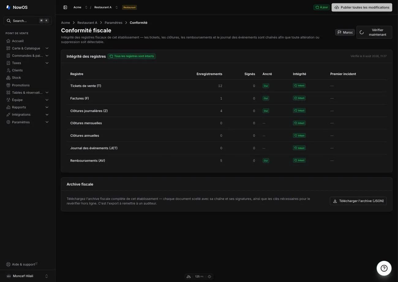 backoffice, Settings → Compliance — vue d'ensemble avec le badge de régime, le tableau Register integrity et les cartes Attestation + Fiscal archive