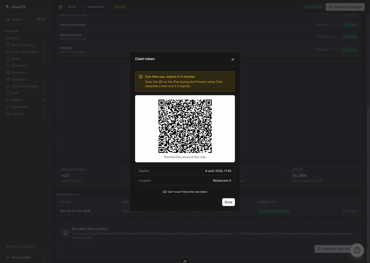 backoffice — Settings → Devices, 'Claim token' dialog with the QR displayed