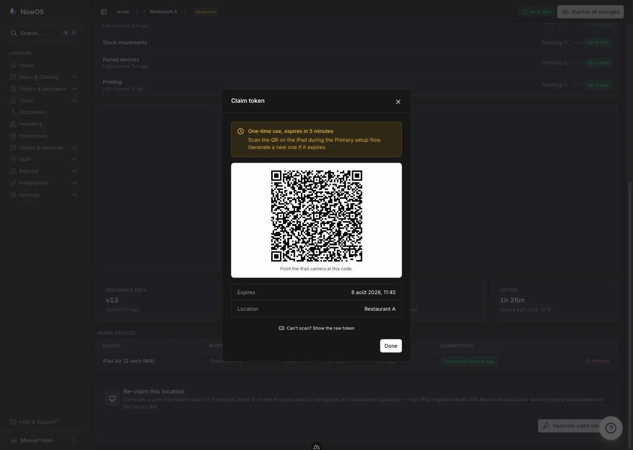 backoffice, Settings → Devices, 'Claim token' modal with the QR code displayed
