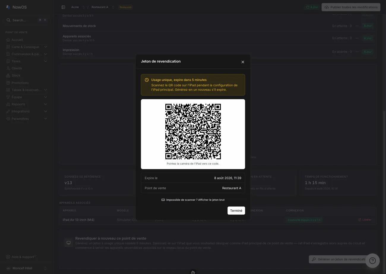 backoffice, Settings → Devices, modal « Claim token » avec le QR code affiché