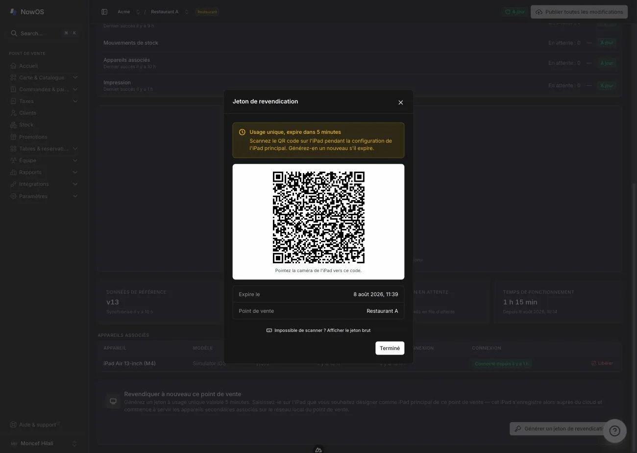 backoffice, Settings → Devices, modal « Claim token » avec le QR code affiché