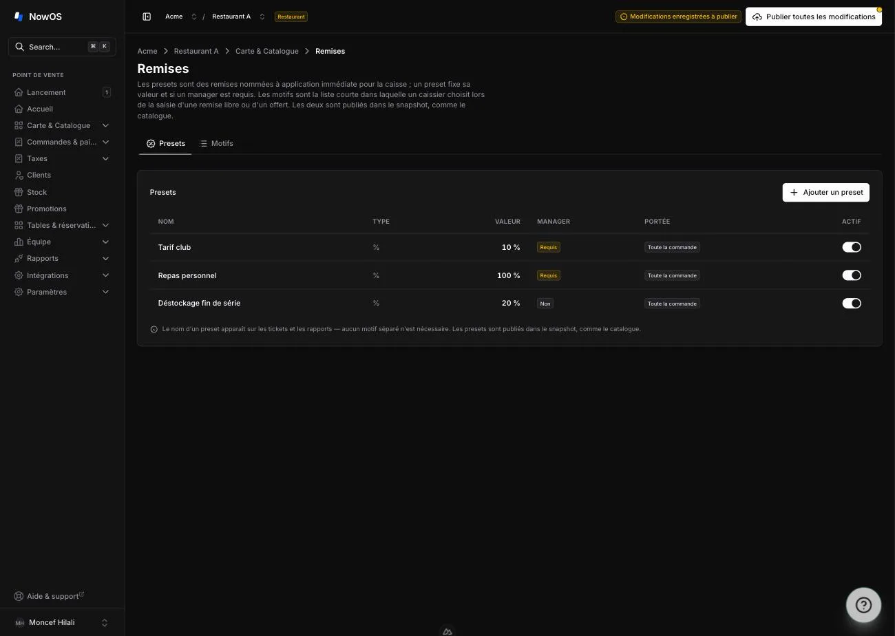 page Remises du backoffice, onglet Presets — la table des presets avec leur valeur, la validation manager et la portée