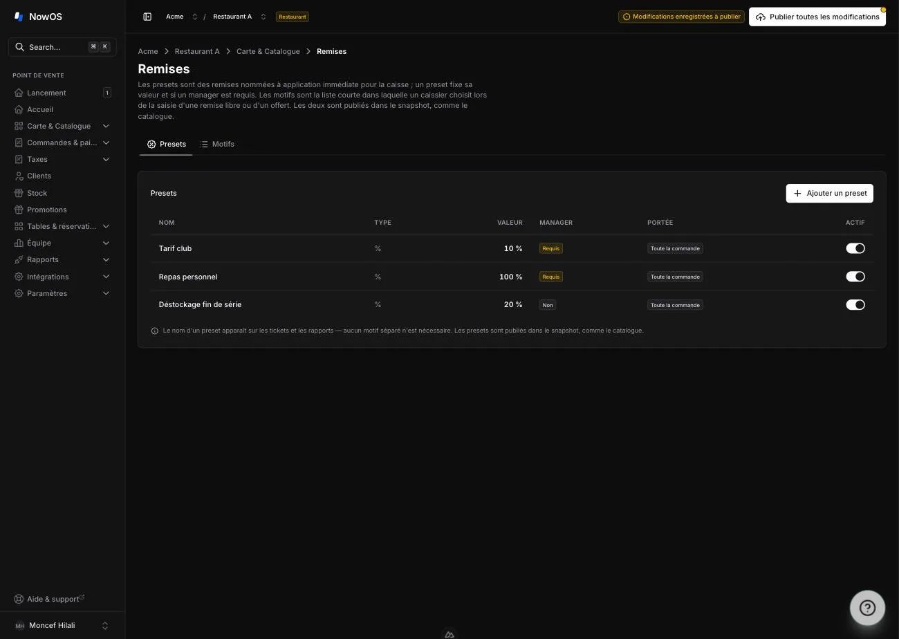 page Remises du backoffice, onglet Presets — la table des presets avec leur valeur, la validation manager et la portée