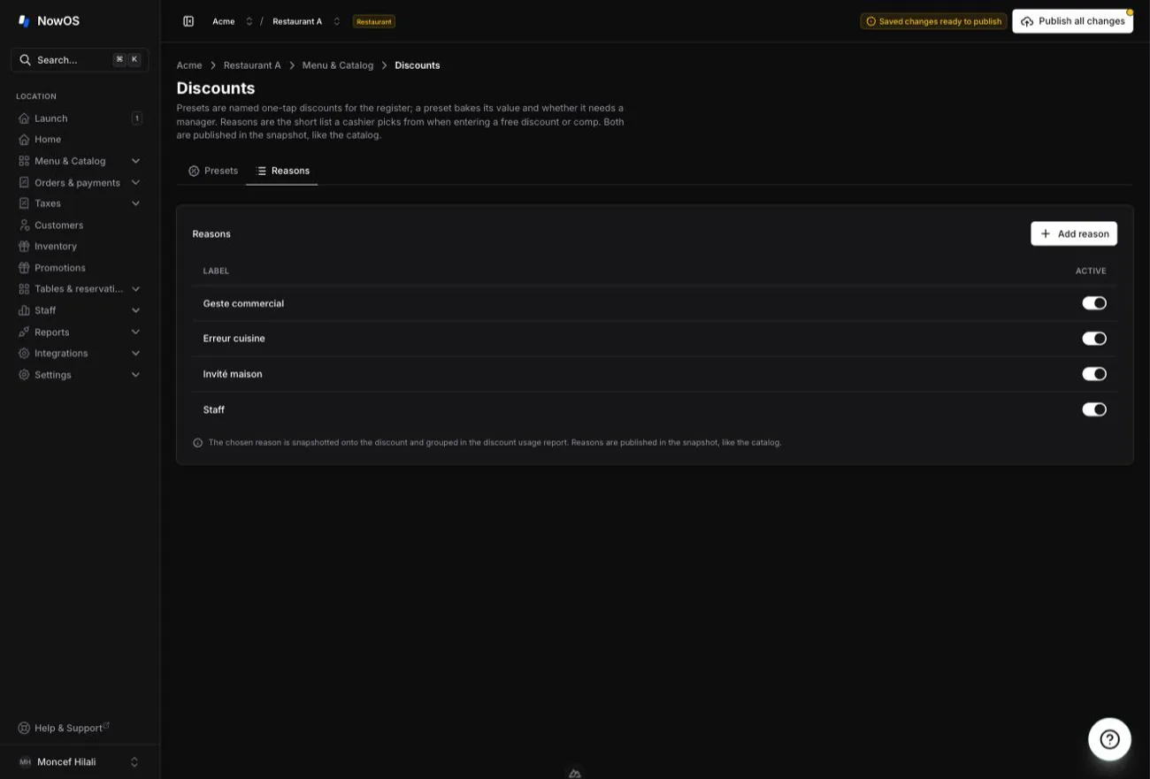 backoffice Discounts page, Reasons tab — the list of reasons with the Active switch and the Add reason button