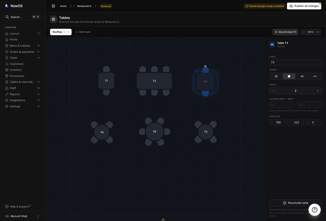 floor plan editor — the 'Deactivated (1)' toggle in the header, the deactivated table shown ghosted on the canvas, and the Reactivate table button at the bottom of the inspector