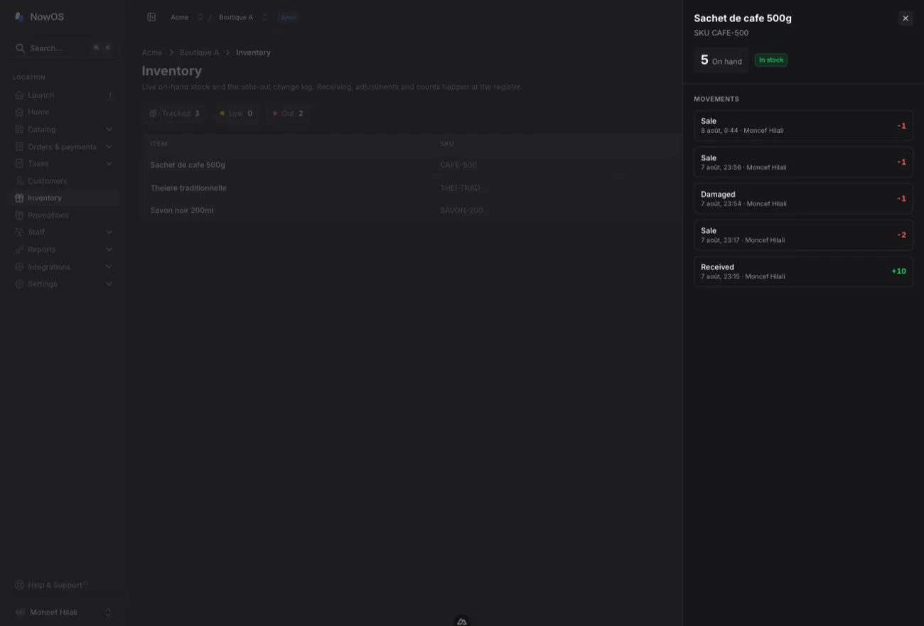 backoffice Inventory — stock card open (slideover) with on-hand and the movement history