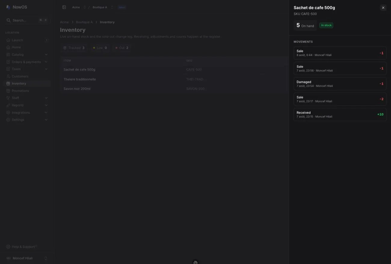 backoffice Inventory — stock card open (slideover) with on-hand and the movement history