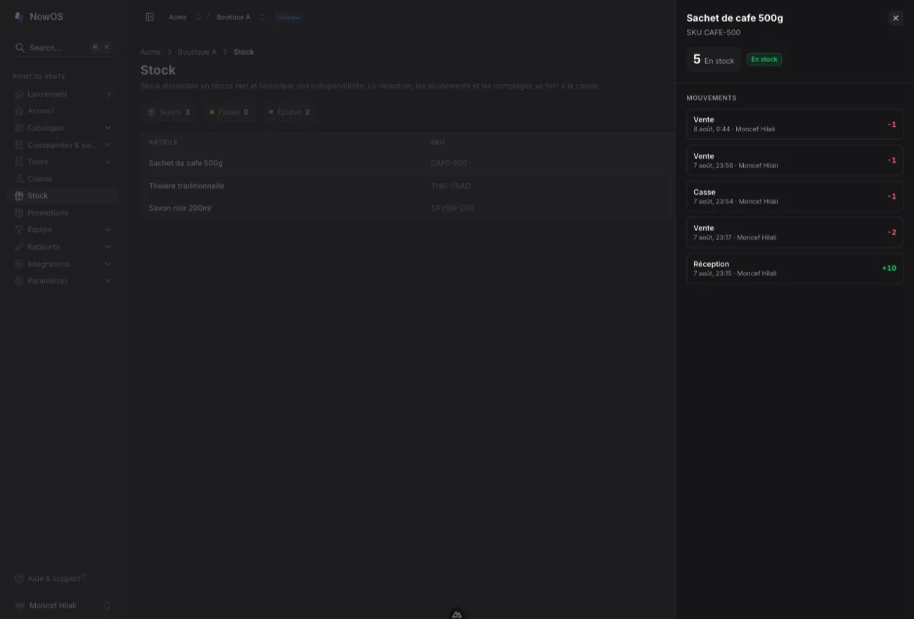 page Stock du backoffice — fiche article ouverte avec le stock disponible et l'historique des mouvements