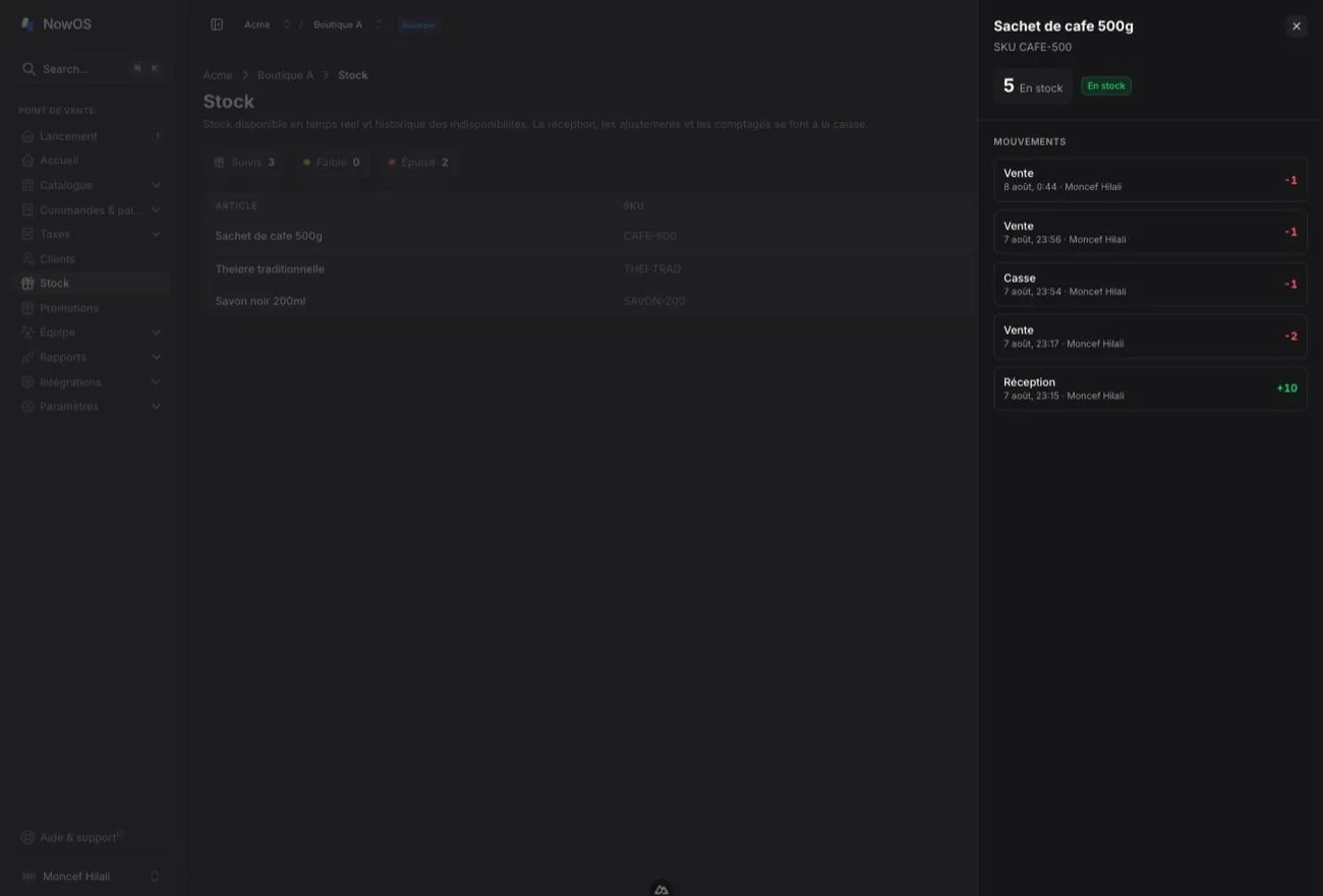 page Stock du backoffice — fiche article ouverte avec le stock disponible et l'historique des mouvements
