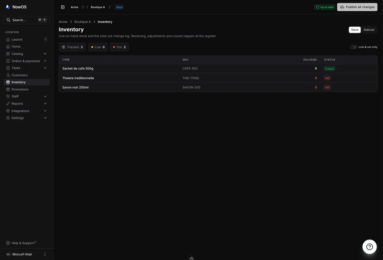 backoffice Inventory page — the on-hand table and the Stock / Sold out selector