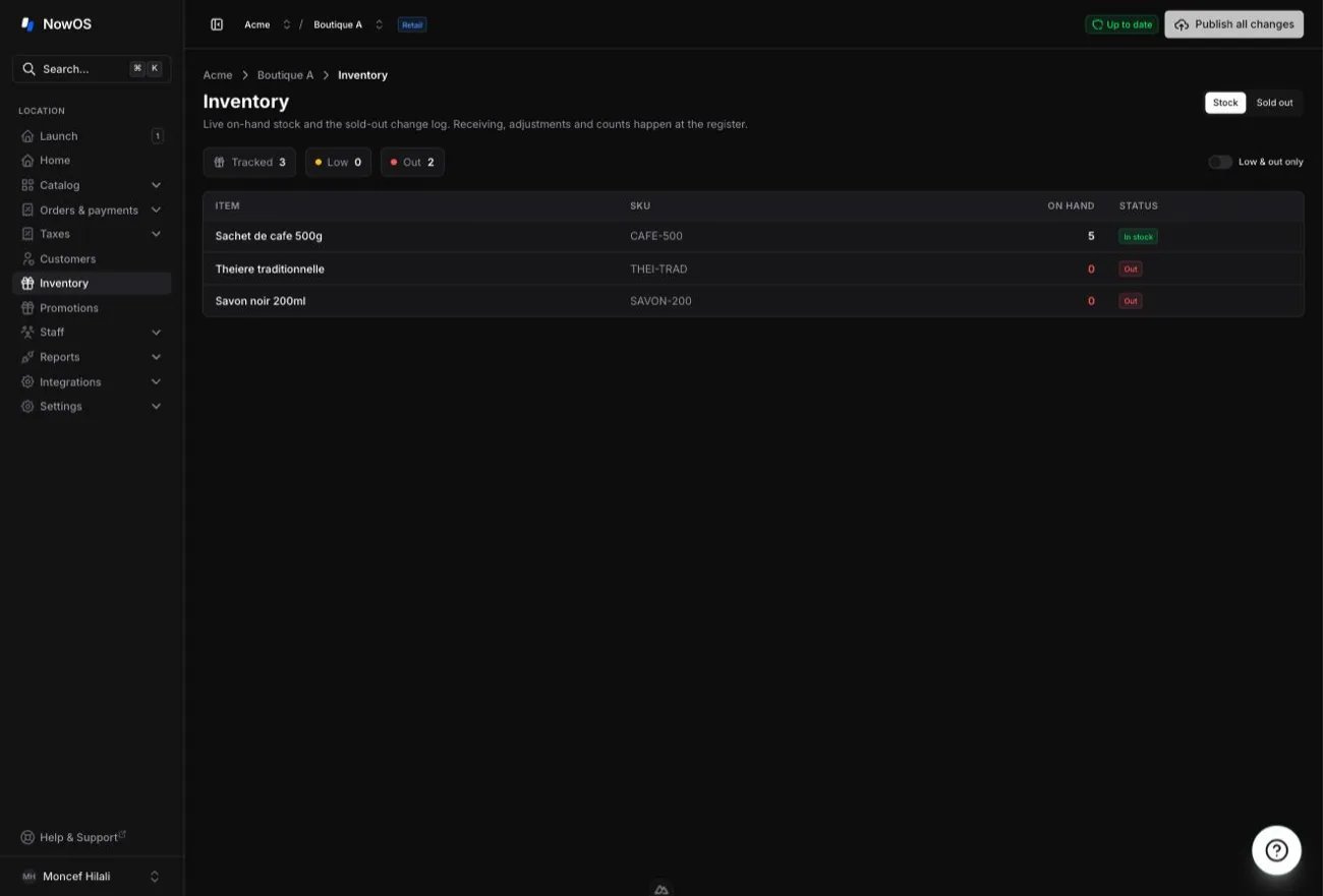 backoffice Inventory page — the on-hand table and the Stock / Sold out selector