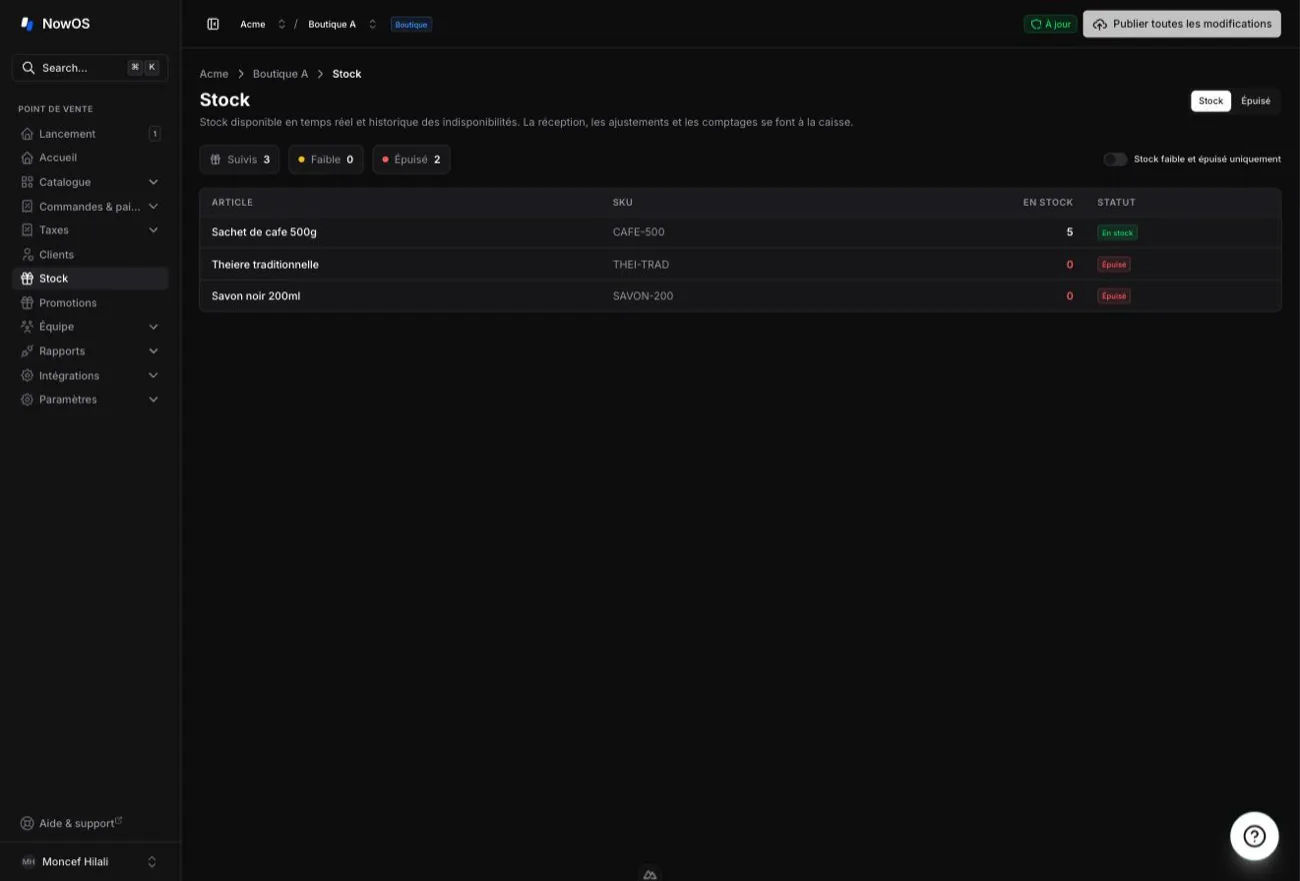 page Stock du backoffice — le tableau du stock disponible et le sélecteur Stock / Épuisé