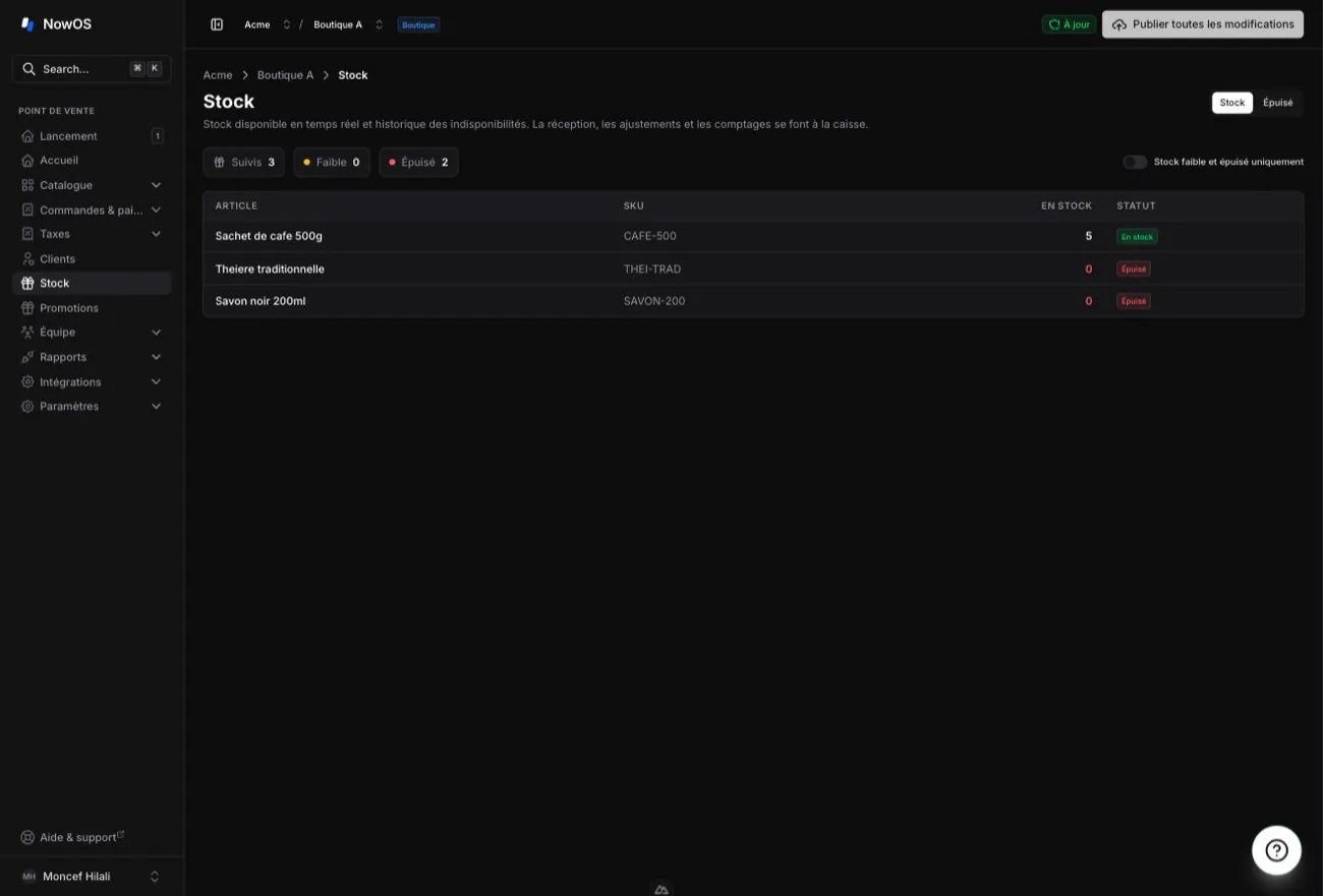 page Stock du backoffice — le tableau du stock disponible et le sélecteur Stock / Épuisé