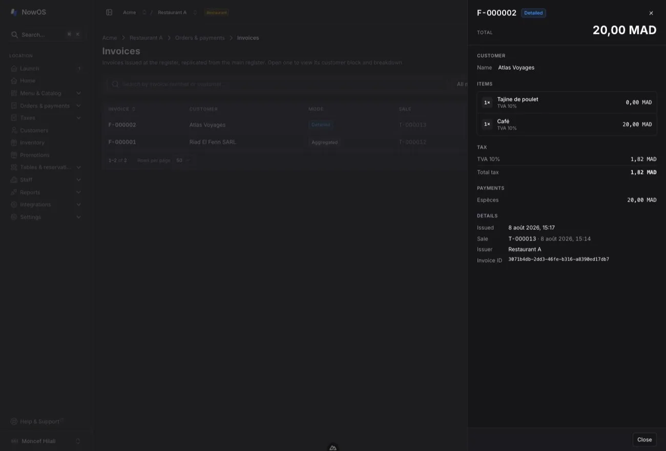 backoffice — detail panel of a Detailed invoice: customer block, items, taxes, payments