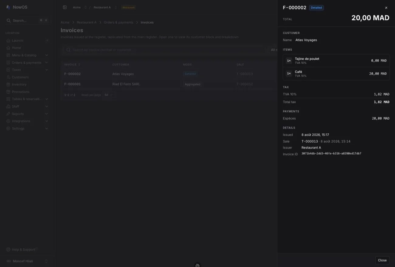 backoffice — detail panel of a Detailed invoice: customer block, items, taxes, payments