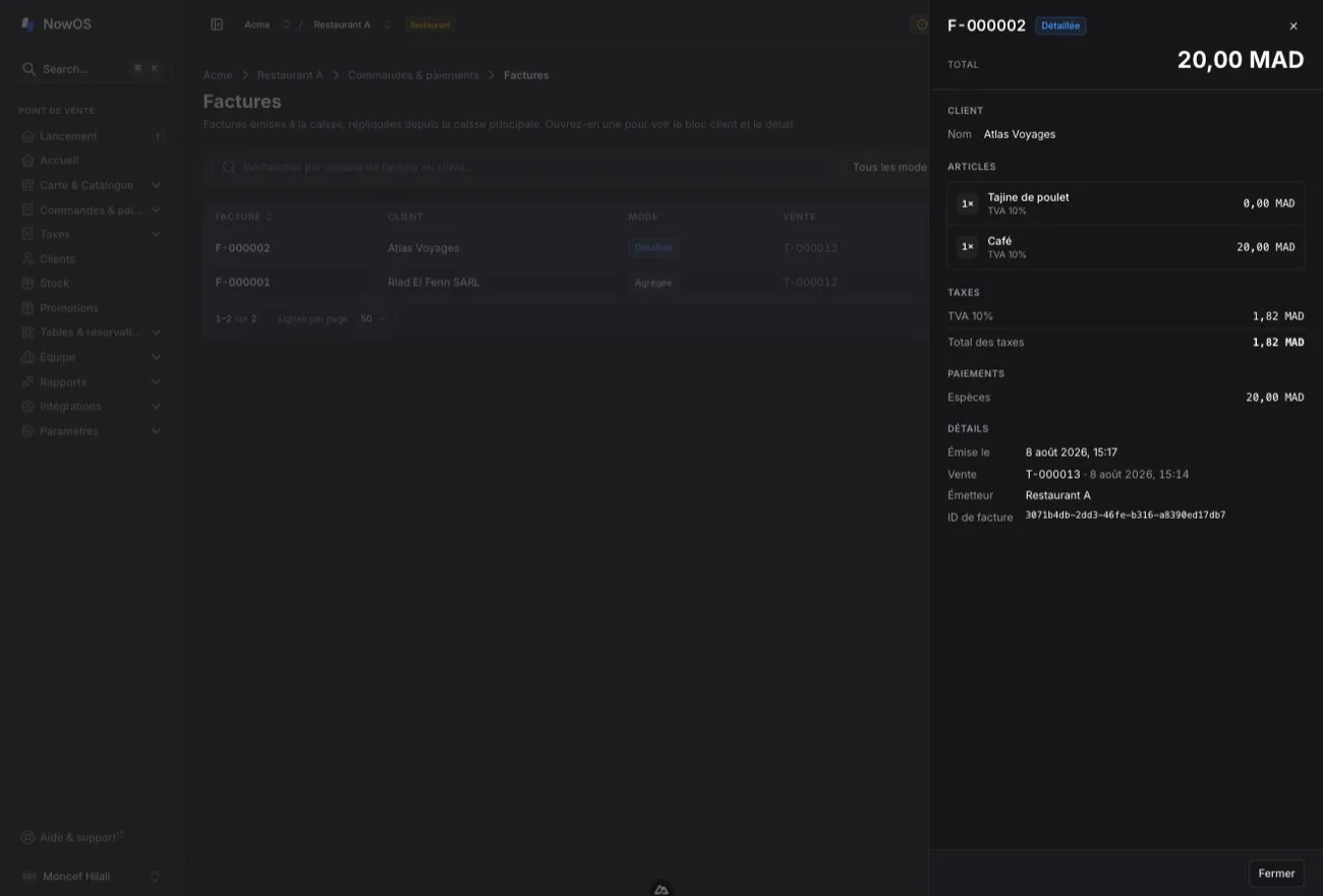 backoffice — panneau de détail d'une facture Détaillée : bloc client, articles, taxes, paiements