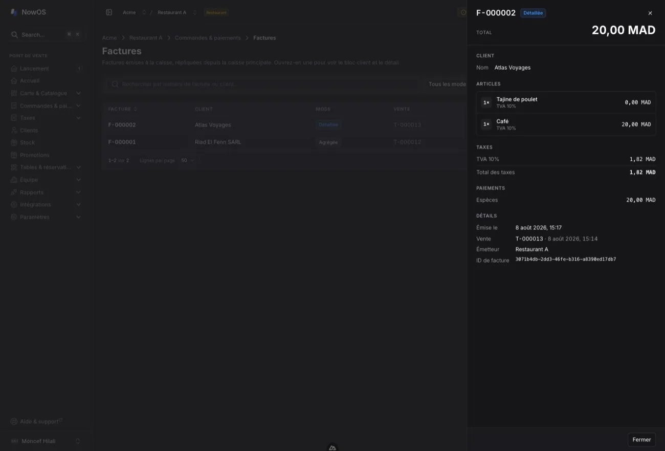 backoffice — panneau de détail d'une facture Détaillée : bloc client, articles, taxes, paiements