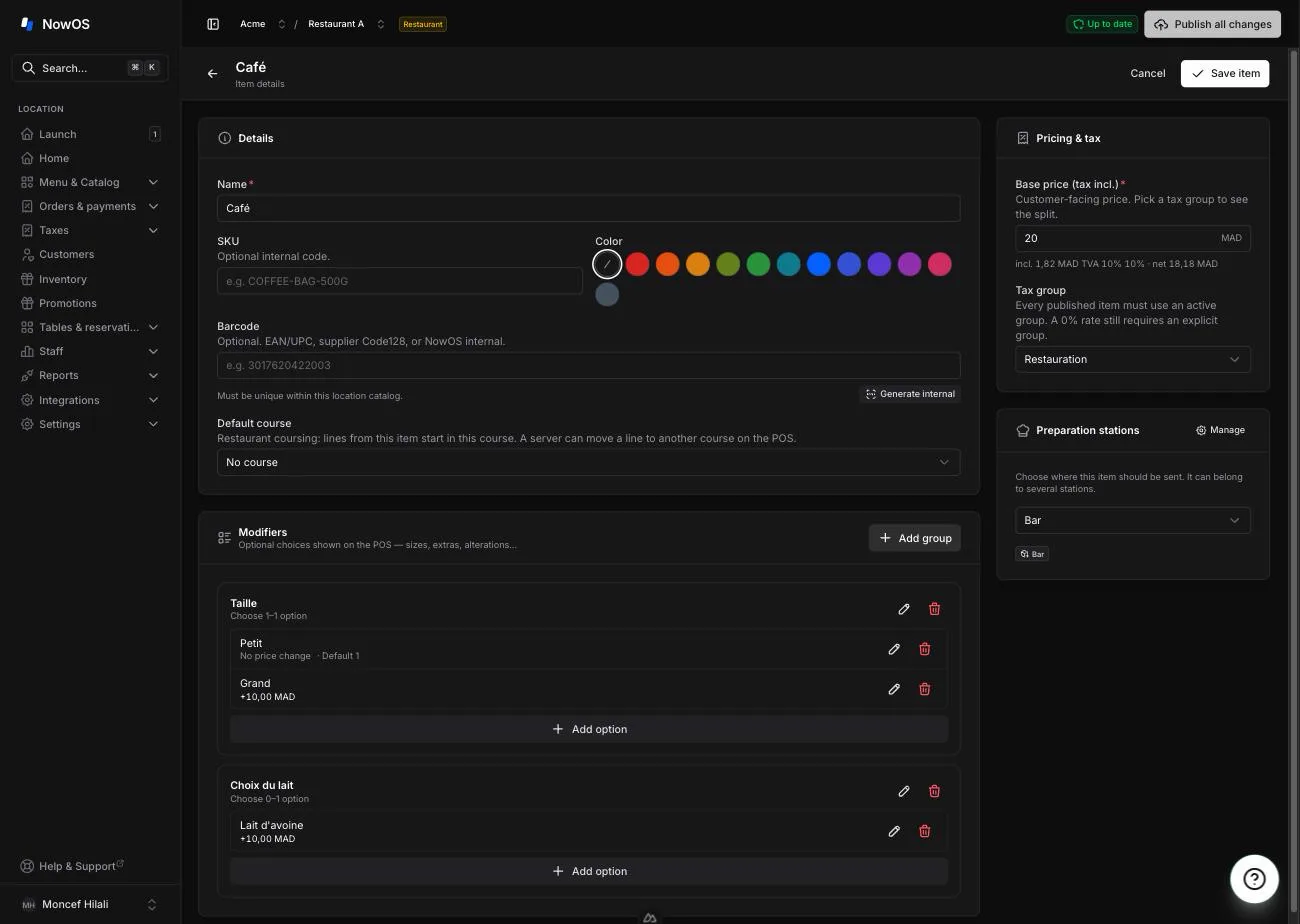 the Modifiers section of the item editor — a 'Milk choice' group with a few options and the 'Add group' / 'Add option' buttons
