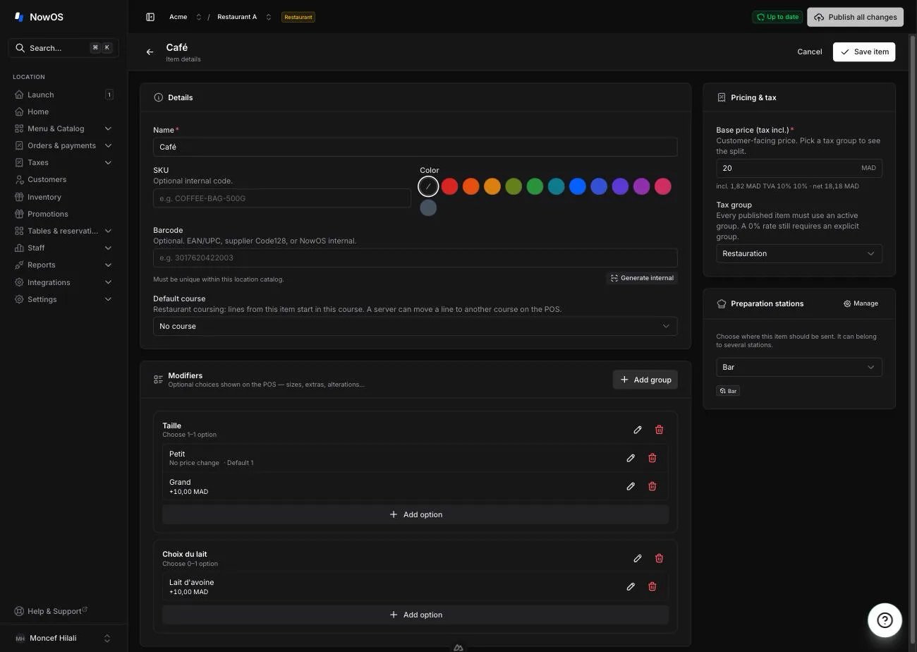 the Modifiers section of the item editor — a 'Milk choice' group with a few options and the 'Add group' / 'Add option' buttons