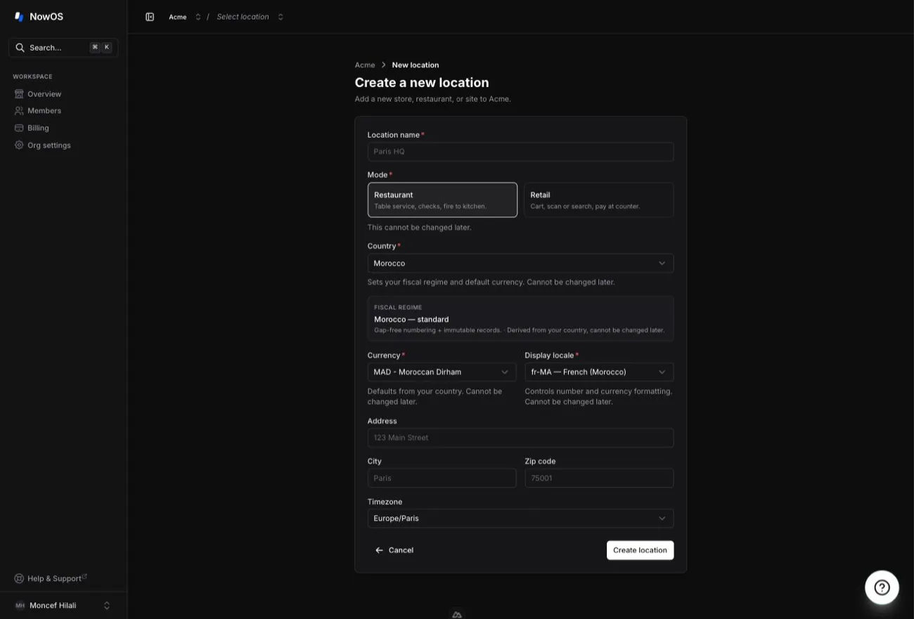 backoffice, location creation form, with the two mode choice cards (Restaurant / Retail)