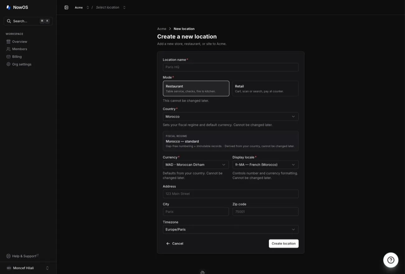 backoffice, location creation form, with the two mode choice cards (Restaurant / Retail)