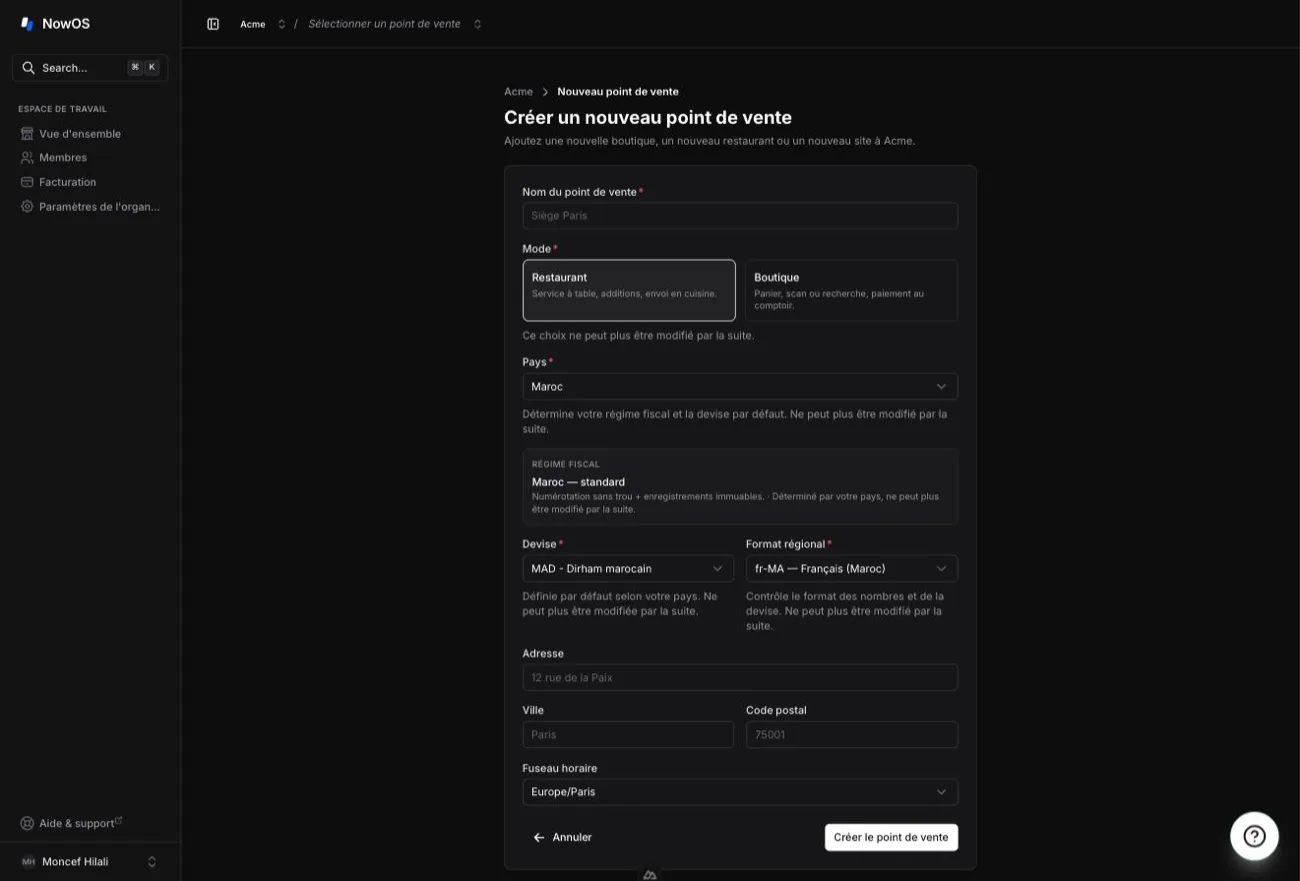 backoffice, formulaire de création d'un point de vente, avec les deux cartes de choix du mode (Restaurant / Retail)