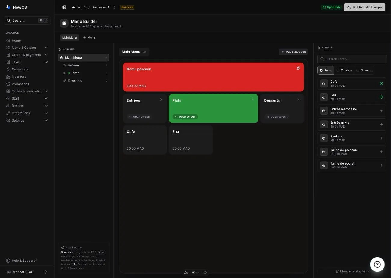 the full Menus & screens editor — Screens tree on the left, POS preview in the center, Library panel on the right