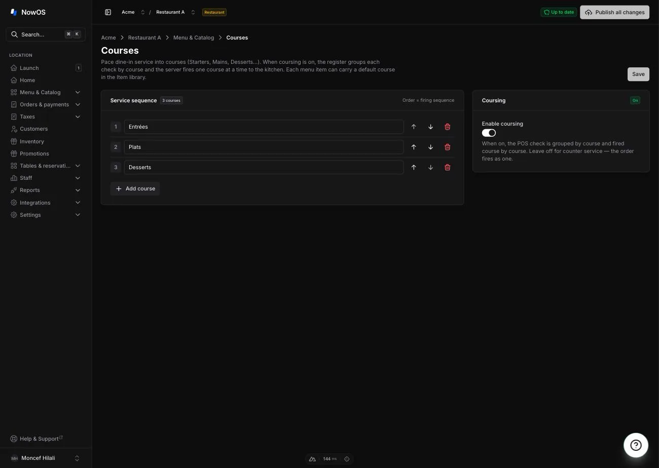 the backoffice Courses page — the Service sequence card on the left and the Coursing card on the right