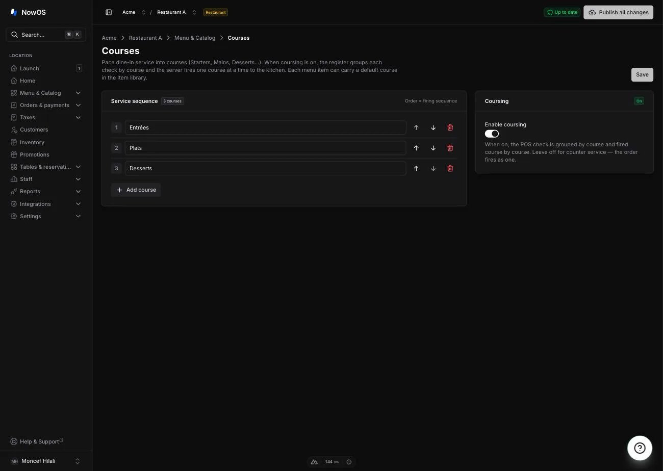 the backoffice Courses page — the Service sequence card on the left and the Coursing card on the right