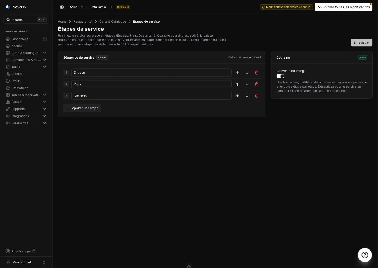 la page Étapes de service du backoffice — la carte Séquence de service à gauche et la carte Coursing à droite
