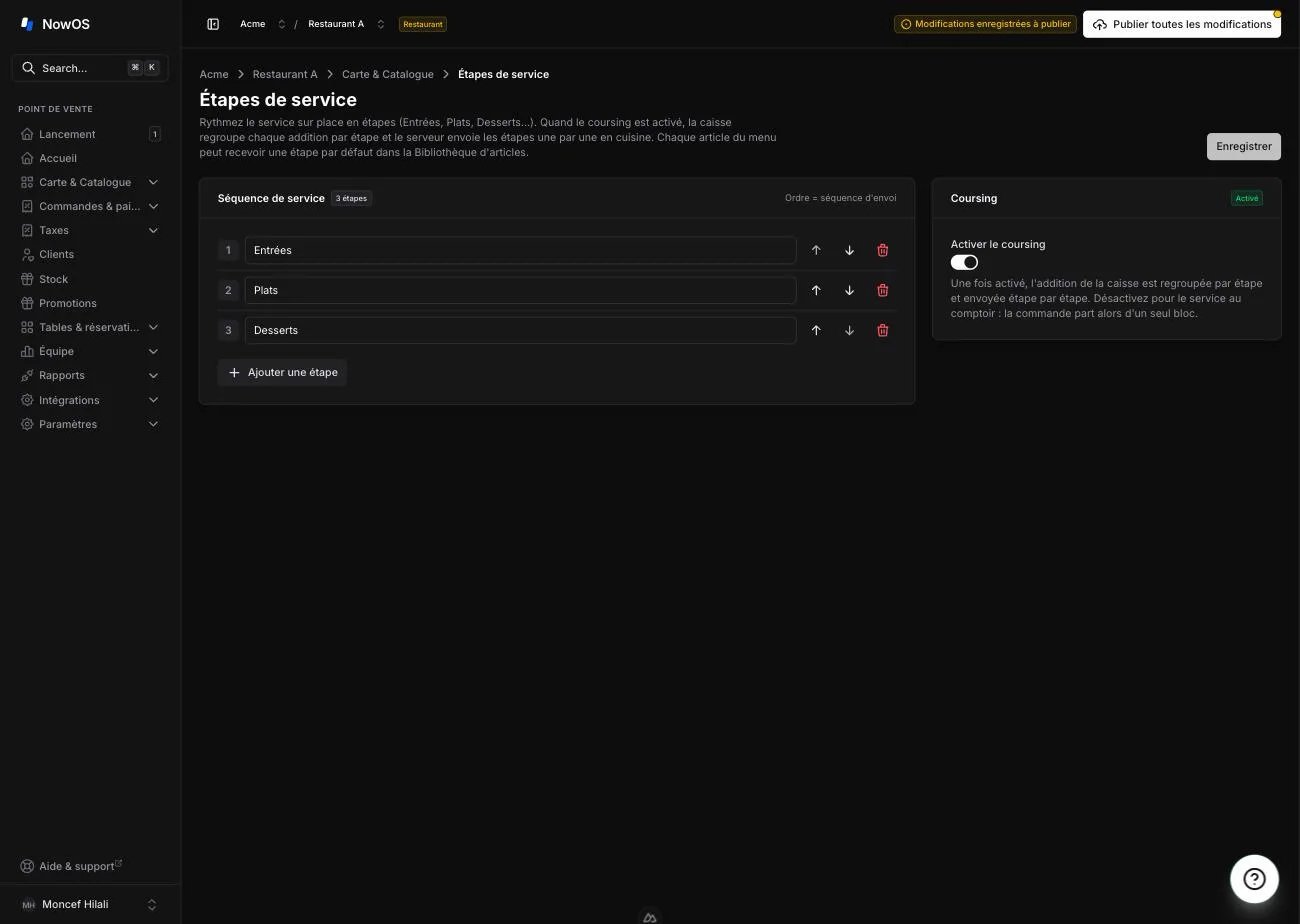 la page Étapes de service du backoffice — la carte Séquence de service à gauche et la carte Coursing à droite