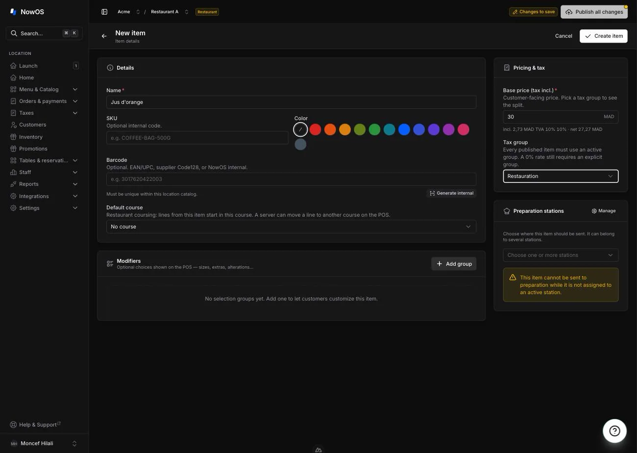 the item editor page — Name, Base price with the tax breakdown preview, Color, Tax group, and Preparation stations fields