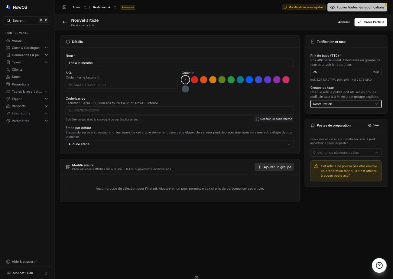 la page d'édition d'article — champs Name, Base price avec l'aperçu de décomposition des taxes, Color, Tax group et Postes de préparation