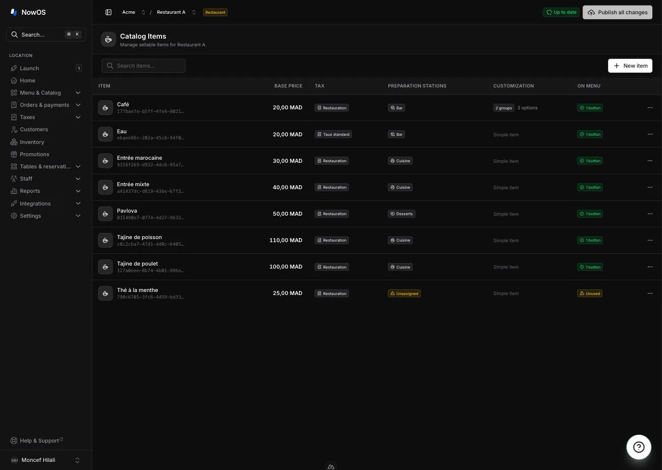 the Item library list in restaurant mode — search bar, 'New item' button, Item / Base price / Preparation stations / Customization / On menu columns