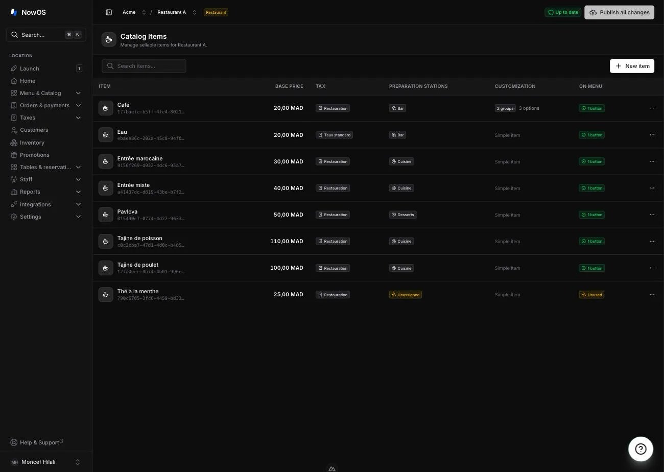 the Item library list in restaurant mode — search bar, 'New item' button, Item / Base price / Preparation stations / Customization / On menu columns