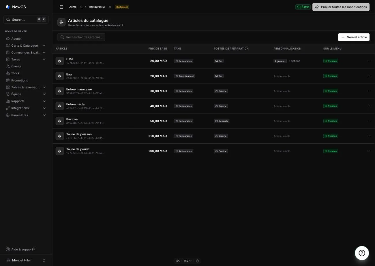 la liste Item library en mode restaurant — barre de recherche, bouton 'New item', colonnes Item / Base price / Postes de préparation / Customization / On menu
