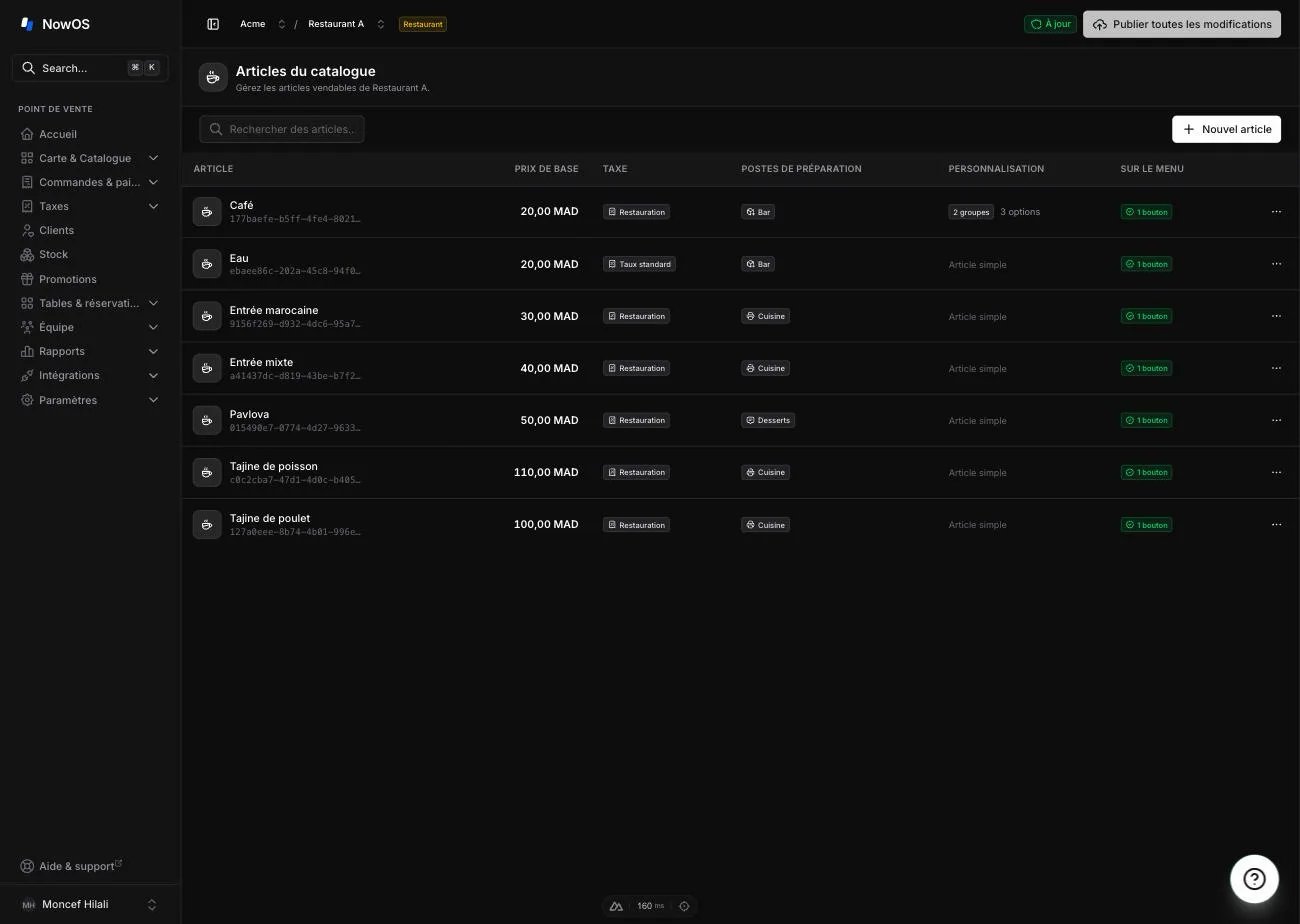 la liste Item library en mode restaurant — barre de recherche, bouton 'New item', colonnes Item / Base price / Postes de préparation / Customization / On menu