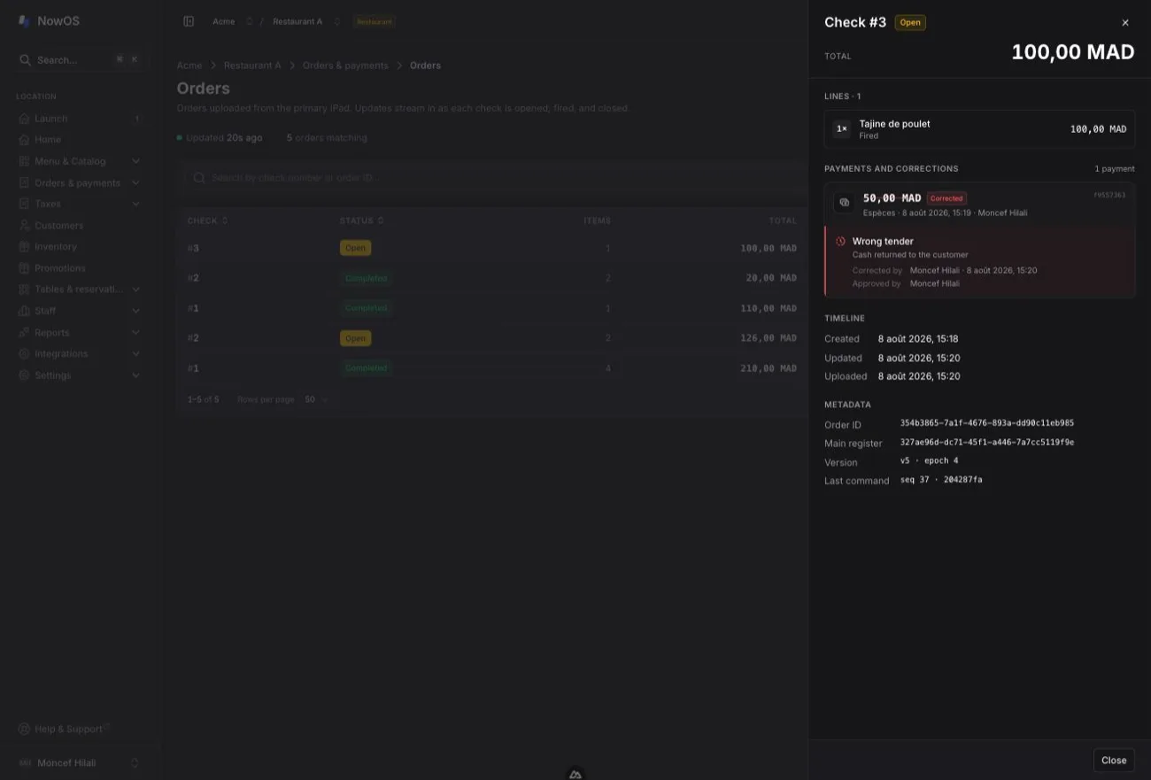 backoffice — order detail with a struck-through payment and its nested correction: reason, resolution, operator, and approver