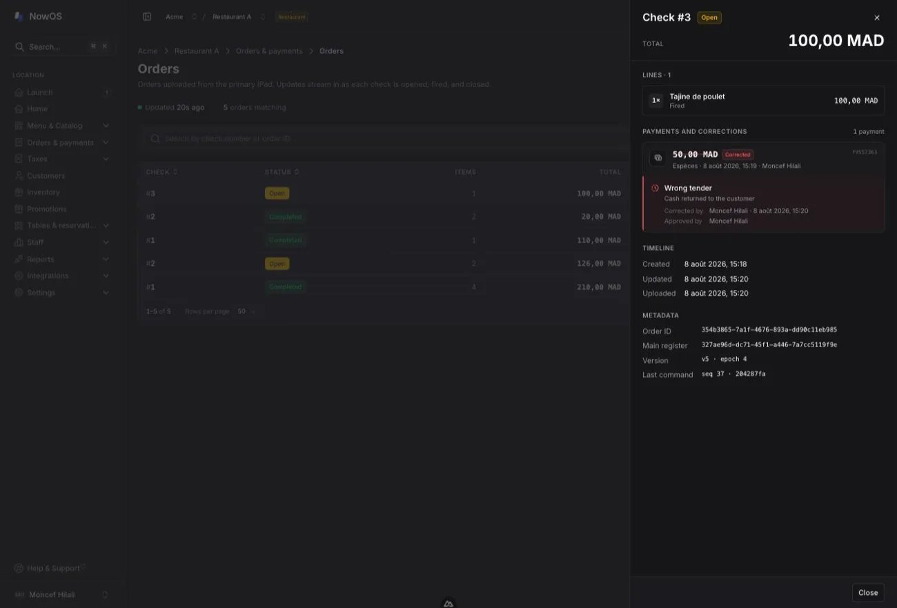 backoffice — order detail with a struck-through payment and its nested correction: reason, resolution, operator, and approver