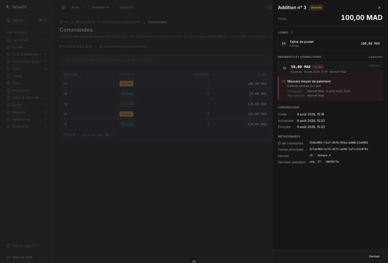 backoffice — détail d’une commande avec un paiement barré et sa correction imbriquée : motif, résolution, opérateur et approbateur